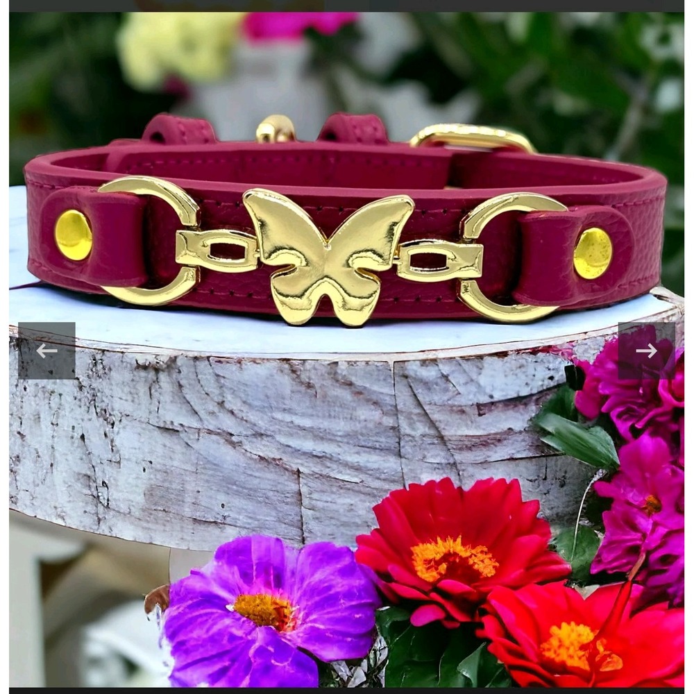 Butterfly Handmade‎ Leather Dog Collar  XL Red Violet New